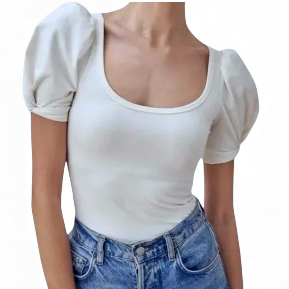 Reformation  Frances Crew Scoop Neck Puffed Sleeve Neck White Size XL